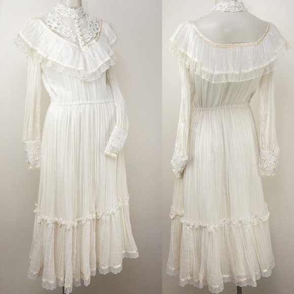 Gunne Sax Dresses & Skirts - Vintage 1970s Gunne Sax By Jessica McClintock Dress White Ivory High Neck Sz 11